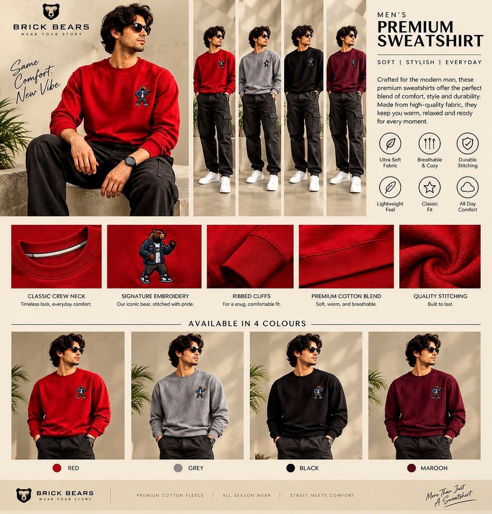 Brick Bears Men's Premium Cotton Fleece Sweatshirt | Hip-Hop Bear Embroidery | Soft & Warm | Regular Fit | 4 Colours
